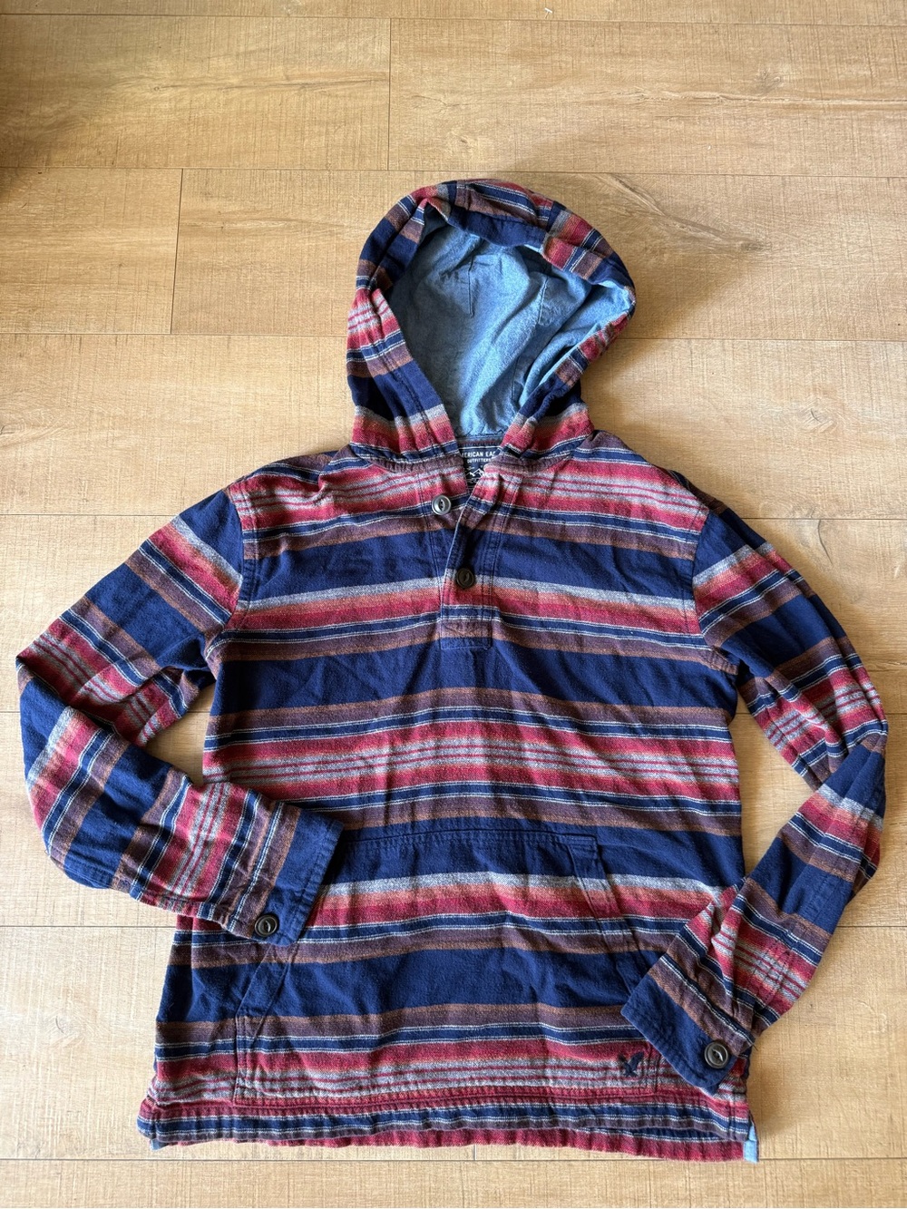 American Eagle Men Flannel Hoodie Henley Shirt Striped Small Denim Gorpcore Baja